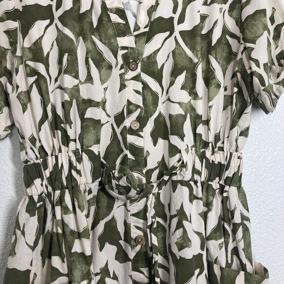 ZARA Shirt Dress Womens XL Green Cream Leaf Print Button Front Belted Midi - Picture 13 of 16